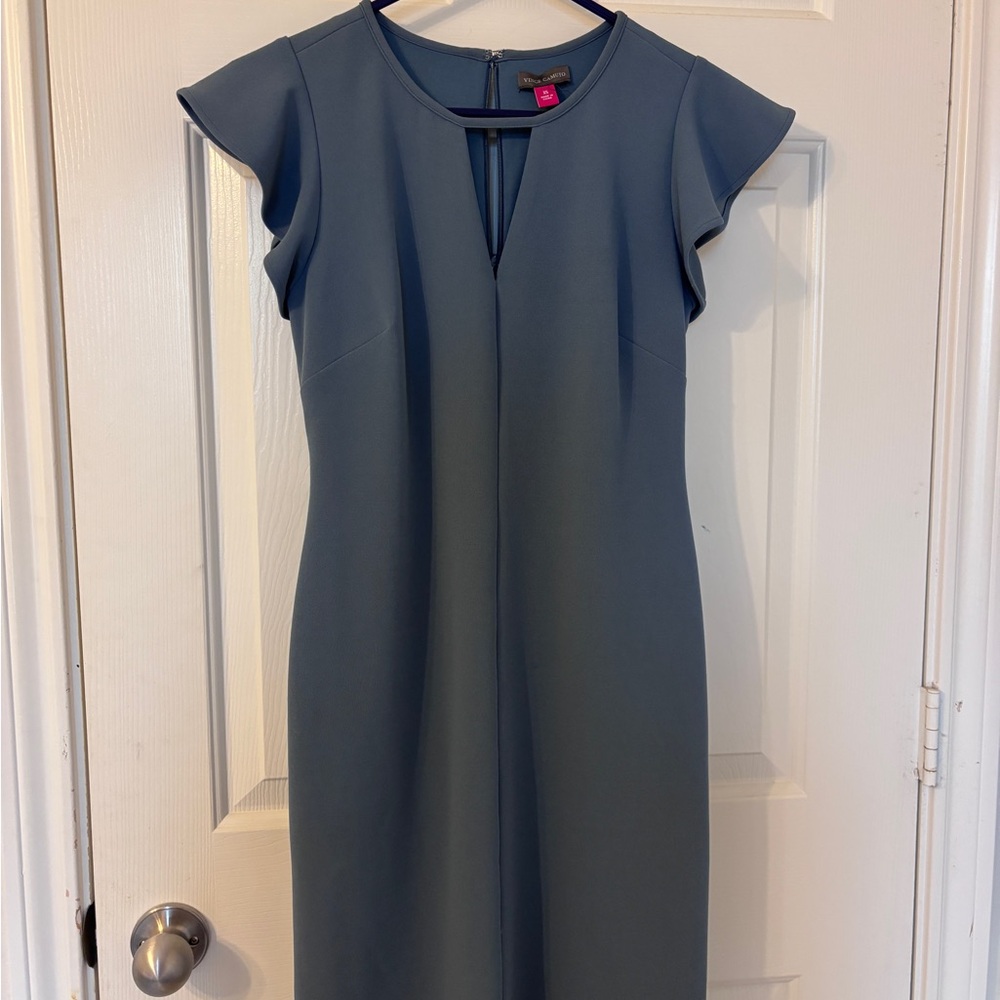 Vince Camuto Gray Midi Sheath Dress V-Neck Flutter Sleeve